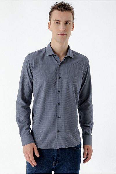 Morven Men's Navy Blue Trend Printed Patterned Italian Collar Slim Fit Shirt