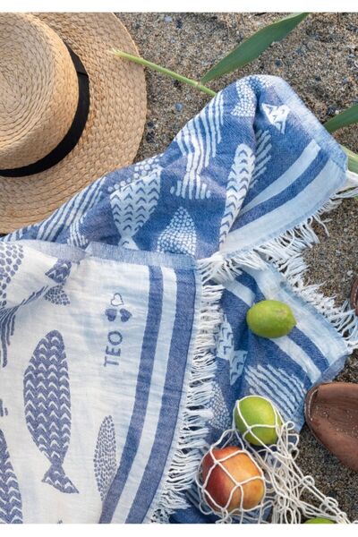 TEOHOMELİNENS Fish Patterned Muslin Peshtemal - 100% Cotton, Blue 100X175 cm Beach Towel