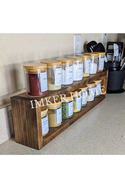 IMKER HOME Ahşap Tezgahüstü Organizer Mutfak Rafı Baharatlık Takımı Standı Baharat Kavanoz Seti Düzenleyici