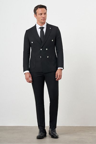 Morven Black Polyviscose Slim Fit Double Breasted Suit - Pointed Collar