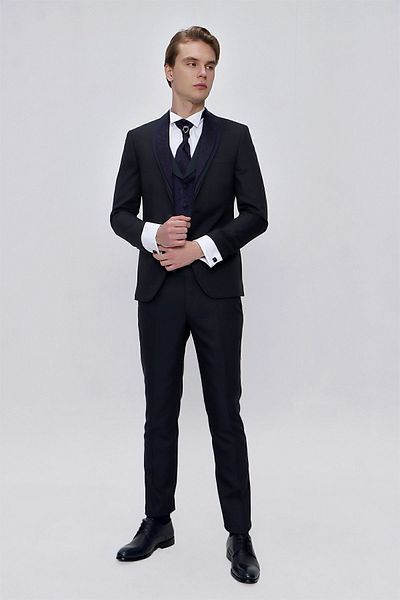 Morven Costum de mire slim cu guler Santos albastru bleumarin pentru bărbați