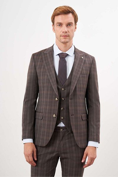Morven Men's Brown Polyviscon Trend Vest Plaid Slim Fit Pointed Collar Suit