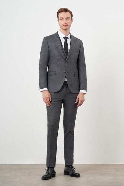 Morven Black Polyviscose Slim Fit Men's Vest Suit - Pointed Collar, Patterned