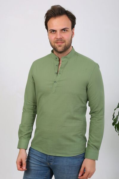 SAMSA Ανδρικό πουκάμισο από λινό γιακά με τρία κουμπιά, εύκολο στο σιδέρωμα