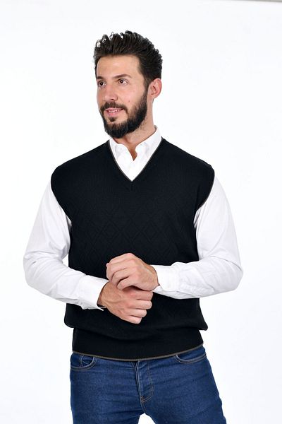 Kamalı Tricot negru pentru bărbați din oțel Intersiye Tricoturi groase de iarnă Tricoturi cu decolteu în V Pulovere tricotate anti-pilling