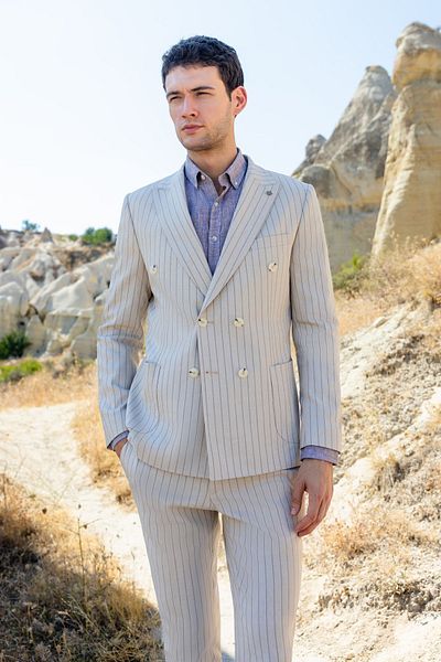 Morven Beige Slim Fit Linen Suit - Men's, Double Breasted Pointed Collar