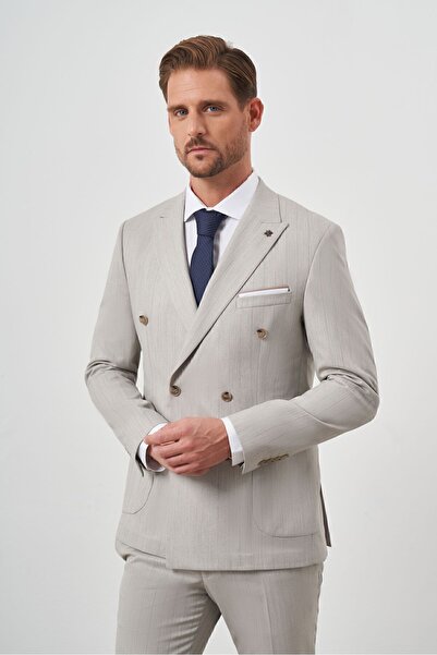 Morven Men's Beige Polyviscon Trend Double Breasted Slim Fit Pointed Collar Suit