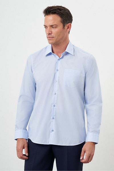 Morven Men's A. Blue Basic Plain Pattern Pocket Hard Collar Regular Fit Shirt
