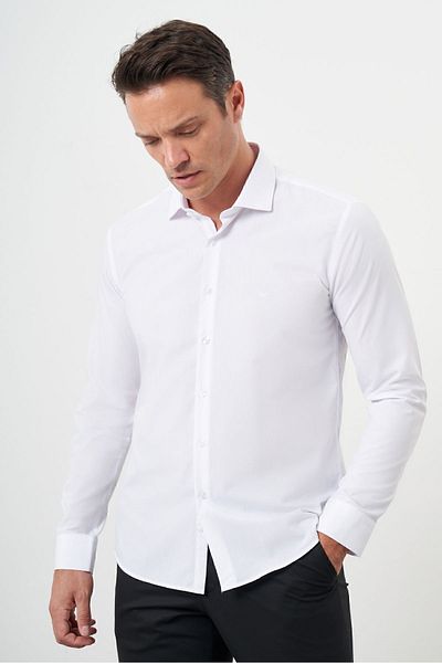 Morven Men's White Basic Plain Pattern Italian Collar Slim Fit Shirt