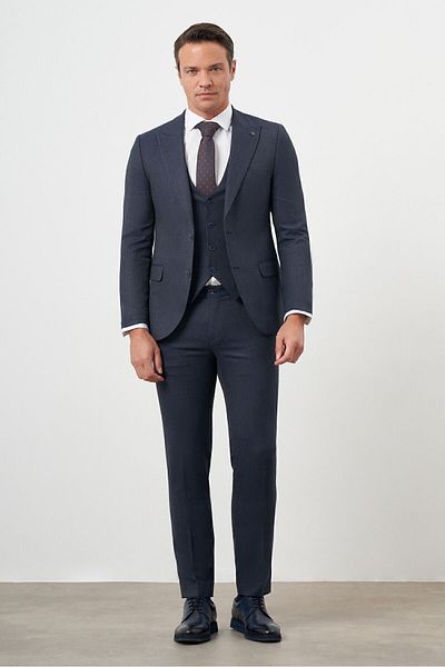 Morven Navy Blue Slim Fit Polyviscon Suit - Vest Patterned, Pointed Collar
