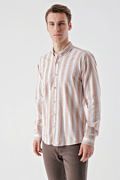 Morven Men's BROWN Cotton Flam Paneled Pattern Slim Fit Shirt