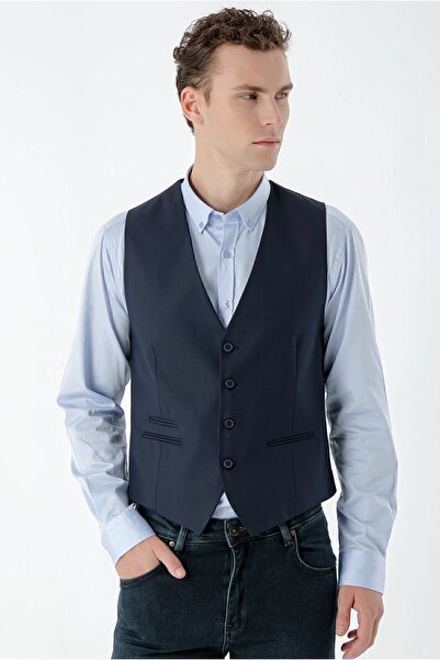 Morven Navy Blue Slim Fit Jacquard Men's Vest