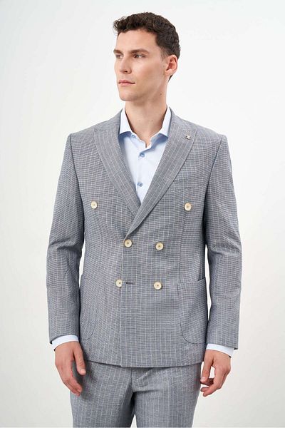 Morven Navy Blue Linen Slim Fit Suit - Double Breasted Pointed Collar