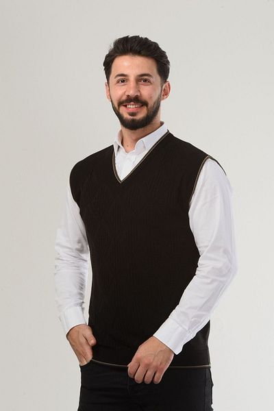 Kamalı Мъжки плетен пуловер с V-образно деколте, черен - без плискане, модел на плетене на коса, стандартна кройка