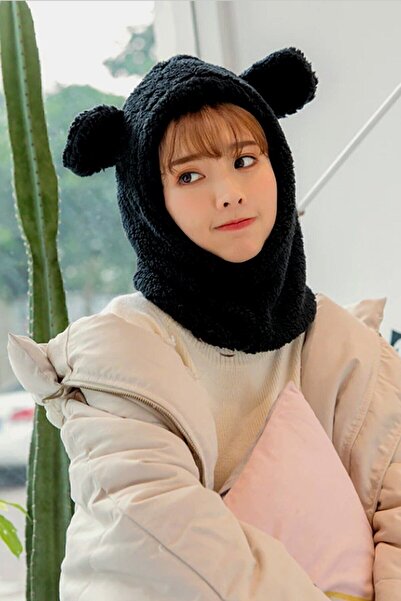 Bundera Wig Black Women's Plush Beanie Snow Mask Neck Collar Thermal Welsoft Teddy Bear Fleece Scarf Windproof