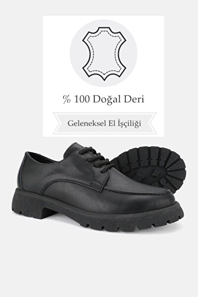 TUNAELLİ KADIN SİYAH MAT HAKİKİ DOĞAL DERİ 36-41 NUMARA BAĞCIKLI OXFORD AYAKKABI