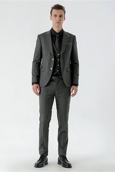 Morven Men's Black Polyviscon Trend Vest Patterned Slim Fit Pointed Collar Suit