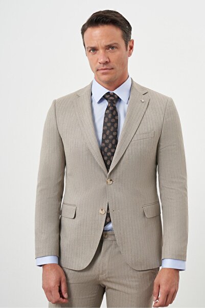 Morven Men's Slim Fit Mono Collar Striped Patterned Suit - BROWN Polyviscon Trend