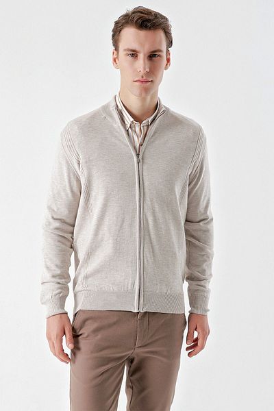 Morven Men's Beige Trend Jacquard Zippered Knitwear Cardigan