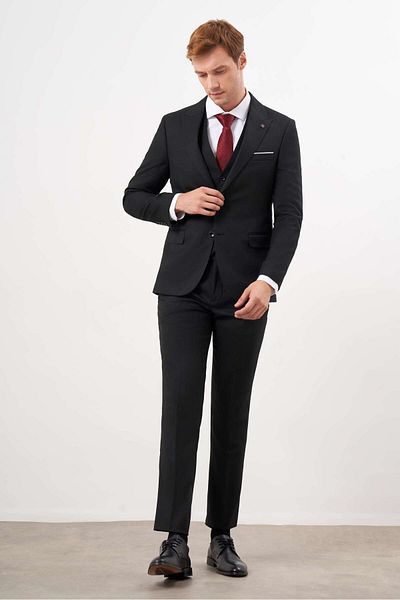 Morven Men's Black Slim Fit Suit - Polyviscose, Vest and Jacquard Pattern