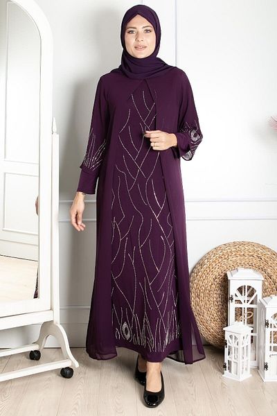 SUBU TASARIM FlexiBle Plus Size Chiffon Evening Dress - Stone EmBroidered, Plum TBS644
