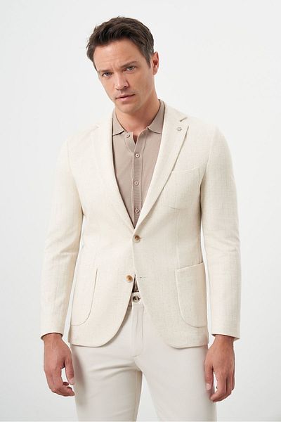Morven Men's Beige Knitted Slim Fit Bag Pocket Mono Collar Sports Jacket