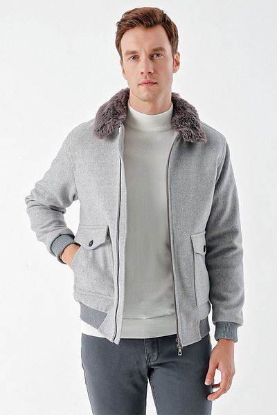 Morven Men's LIGHT GRAY Short Zipper Fur Collar Dynamic Fit Coat