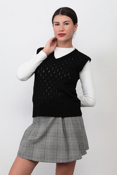 GİYSA Black Acrylic V-Neck Diamond Patterned Ribbed Women's Sweater - 1864