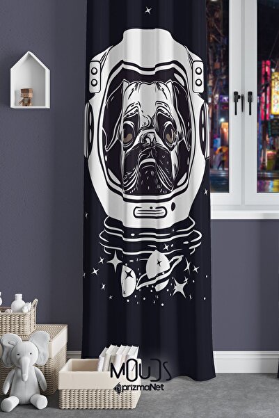 Moud's Uzaylı Pug Desenli Fon Perde Genç Odası Oturma Odası Süet Dijital Bask...