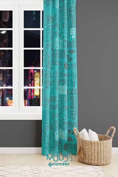 Moud's Blue Music Patterned Suede Background Curtain - Youth Room Extrafor Drawstring Single Wing