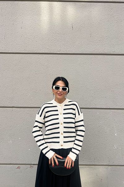 Seda Yalçın Atelier Gold Buttoned Ecru Black Striped Cardigan