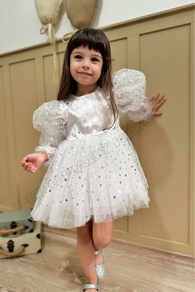 penu baby kids Φόρεμα για κορίτσι - Λευκό αστέρι με σχέδιο, στρώσεις, μακρύ μανίκι μπαλόνι - αστέρι