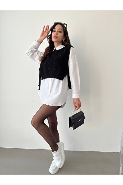 BEJNA Schwarzer Damen-Strickpullover mit Perlendetails und seitlichem Bindeband