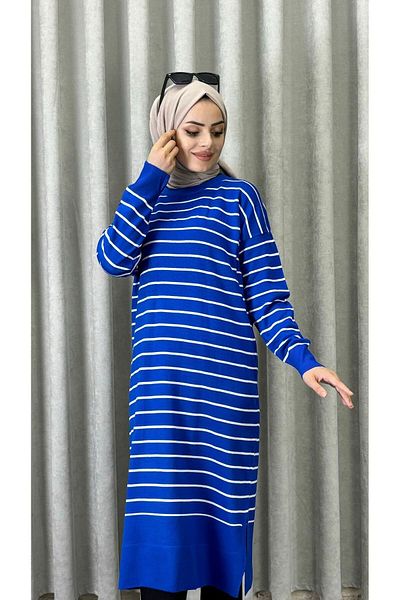 modasusev Μακρύ ριγέ γυναικείο πλεκτό Hijab τουνίκ