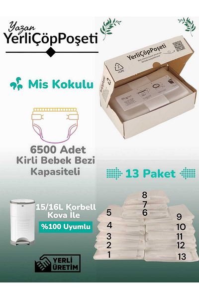 YerliÇöpPoşeti Korbell 15/16l Compatible Domestic Baby Diaper Garbage Bag 13 Pieces