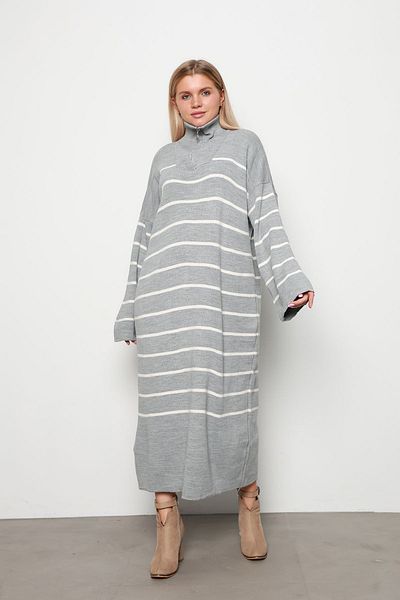 İKLİM LİFE Gray Thin Striped Zippered Knitwear Dress