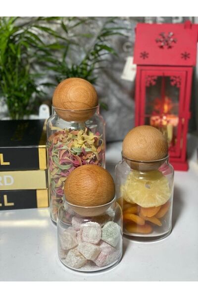 Şenkardeşler Ahşap Top Kapaklı Cam Kavanoz Seti 3'lü-500 Ml-800 Ml-1200 Ml