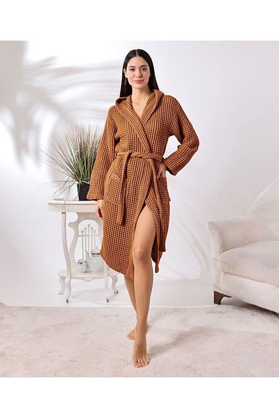 destinyhometex Μπουρνούζι με κουκούλα Unisex χρώματος καραμέλας από 100% βιολογικό βαμβάκι