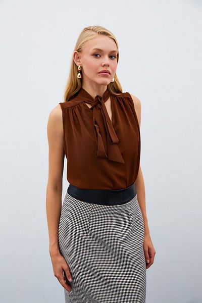 Sateen Brown Scarf Sleeveless Blouse