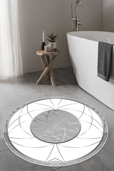 CENTER AVM Στρογγυλό χαλί μπάνιου Λευκό γκρι χαλάκι μπάνιου