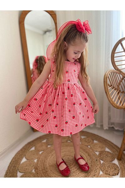BERFONZO KIDS Strawberry Patterned Girl's Summer Dress - Holiday