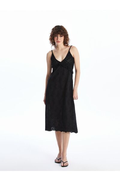 Dexia Amadora - Triko ve Keten Kumaş Birleşimli Yazlık Elbise - Siyah