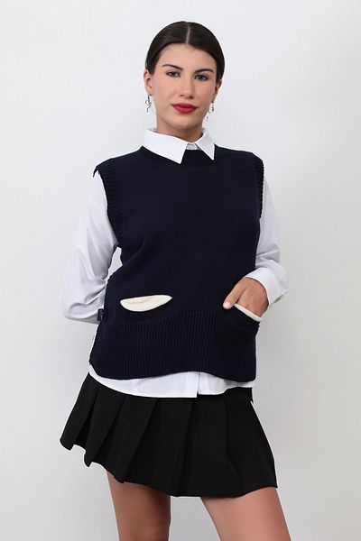 GİYSA Navy Blue Knitwear Sweater - Pocket Detail, Crew Neck, Ribbed, Asymmetric Back - 2065