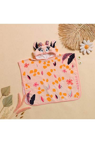 Decathlon NABAIJI White Pink Giraffe Patterned Cotton Baby Poncho