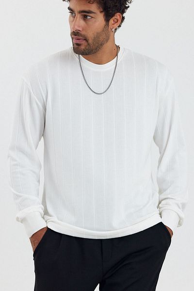MADZEYMODA New Season Ανδρικό λευκό πλεκτό πουλόβερ με λαιμόκοψη Crew Mz32007