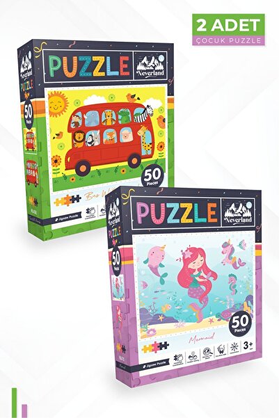 Neverland 2'li Çocuk Puzzle - 50 Parça Puzzle - Hayvanlarla Otobüs Ve Deniz Kızı