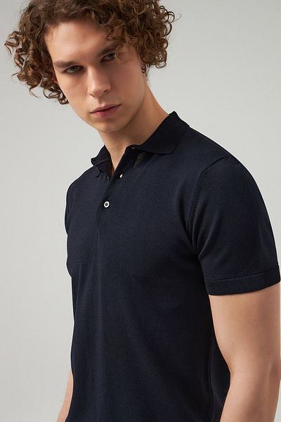 D'S Damat Πλεκτό μπλουζάκι Slim Fit Navy Blue απλό πλεκτό ρεγιόν