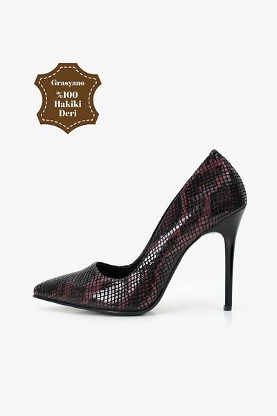 Grasyano 100% Genuine Leather Snake Pattern Cherry Black Handmade A Quality Comfortable Thin Stiletto Heeled Shoes