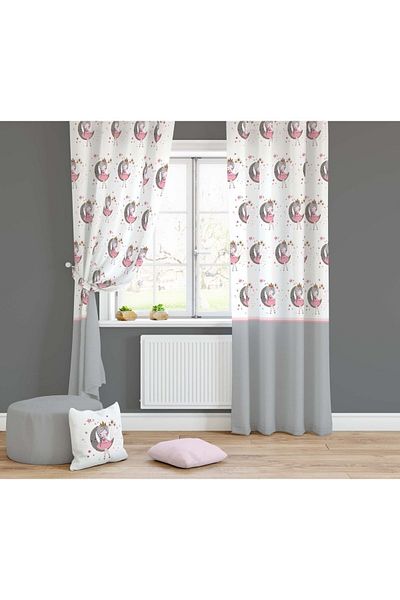 Lolla Girl Sitting on the Moon Patterned Gray Skirt Background Curtain 1061
