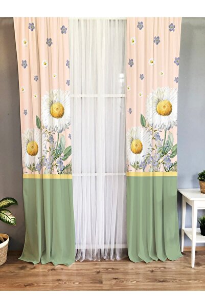 Evmila Papatya- Çiçek Desenli Bebek Ve Çocuk Odası Tek Kanat Fon Perde - Yeşil